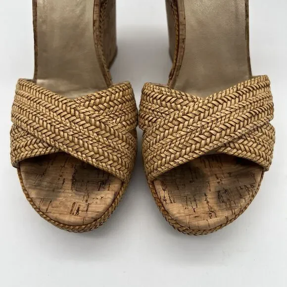 Stuart Weitzman Minx Tan Woven Leather Ankle Strap Cork Wedge Sandals Women’s 7 - Picture 9 of 16